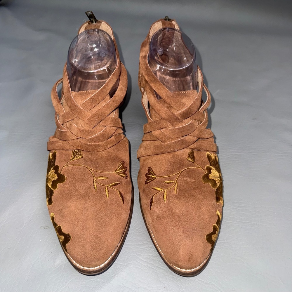 Seychelles Womens Suede Embroidered Strappy Ankle Booties Brown Floral